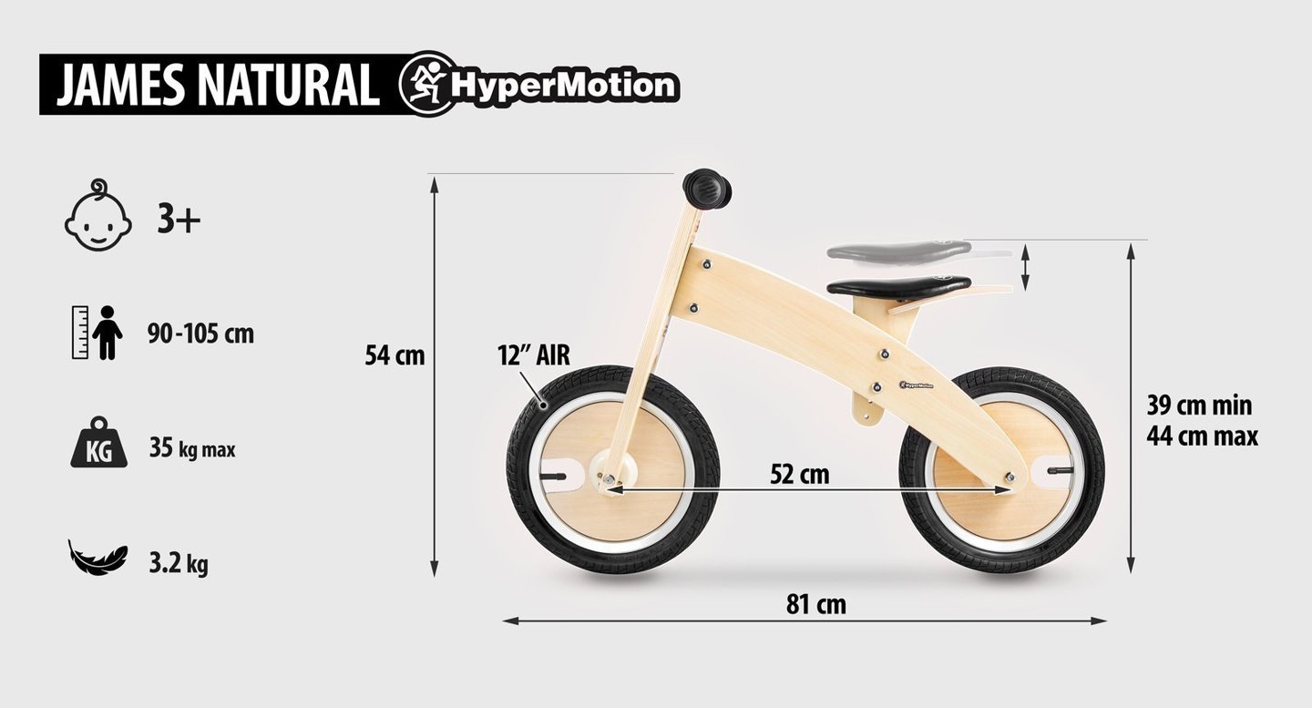 Rowerek biegowy drewniany HyperMotion JAMES - pompowane koła - naturalny